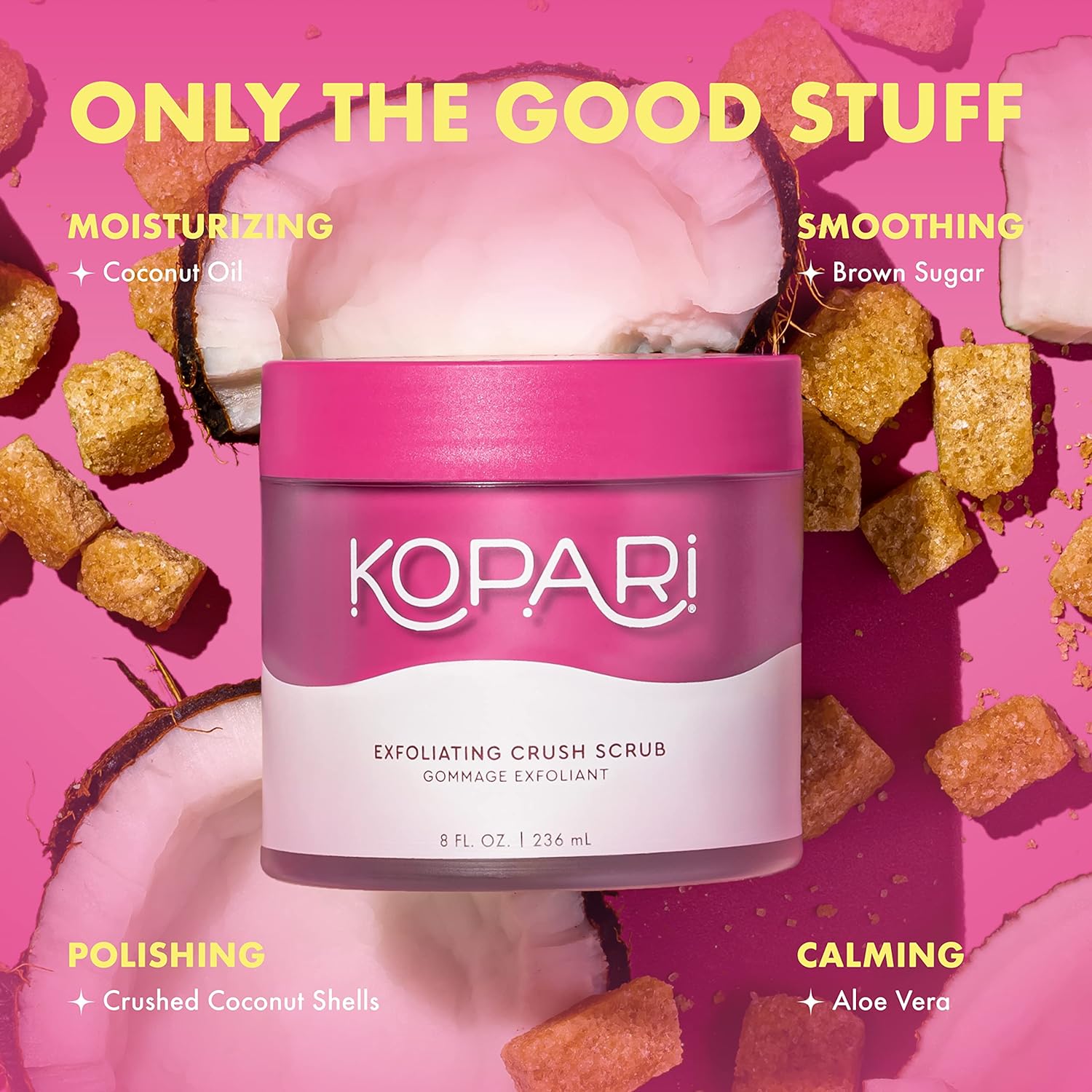 Kopari Coconut Crush Scrub - Brown Sugar Scrub to Exfoliate, Shrink the Appearance of Pores  Non GMO, and Cruelty Free, 8 Oz